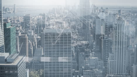 animation of red patten and data processing over cityscape