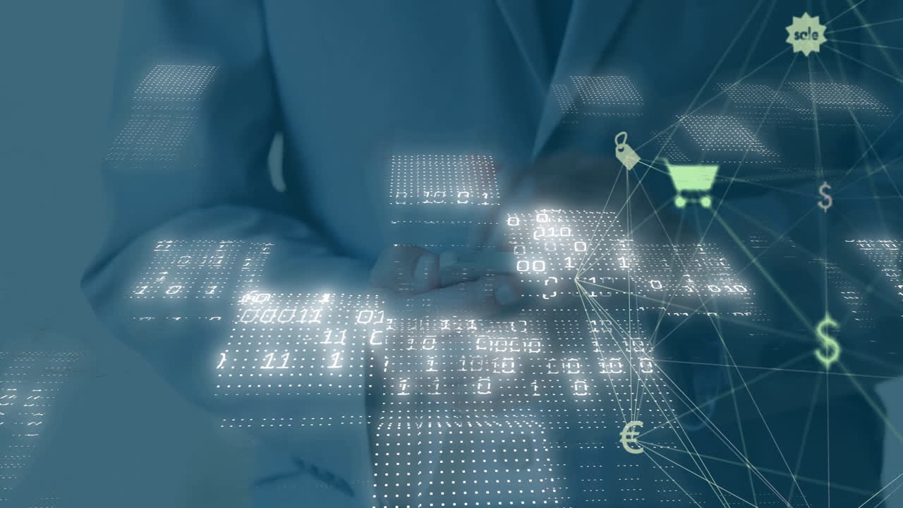 스마트 폰을 사용하는 사업가에 대한 연결 네트워크로 데이터 처리의 애니메이션