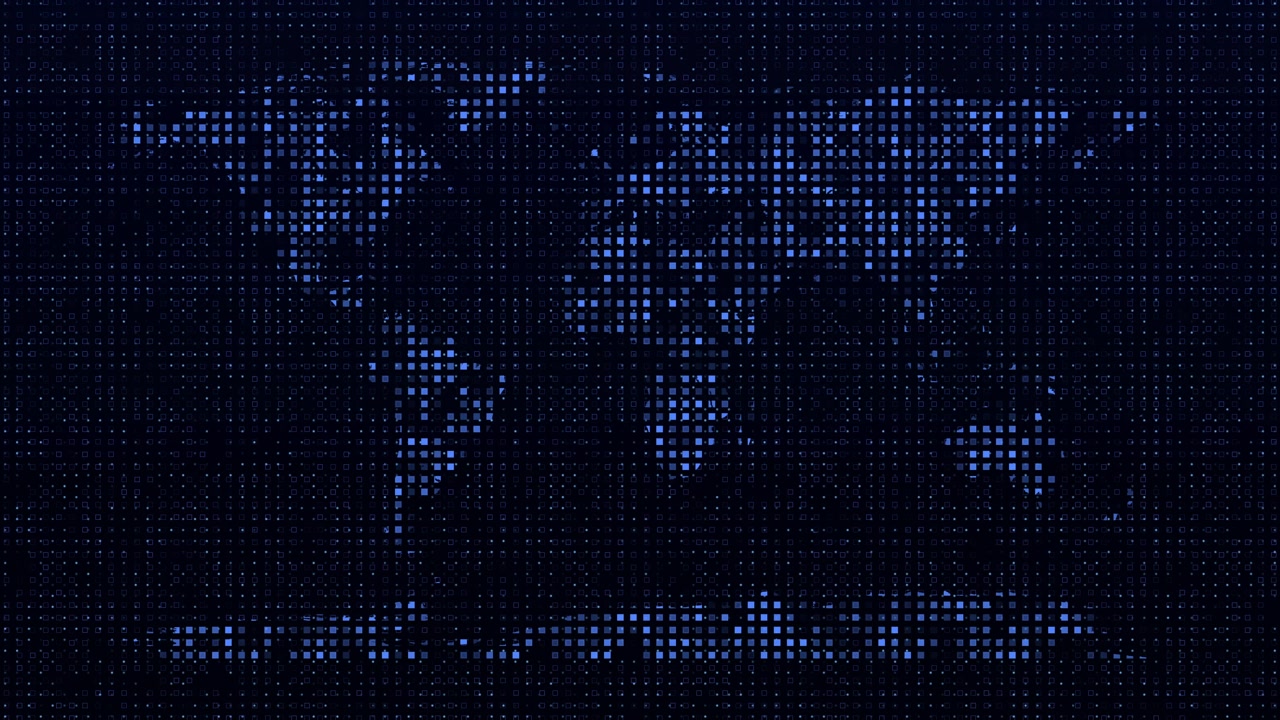 Digitalt verdenskort lavet af glødende blå pixels