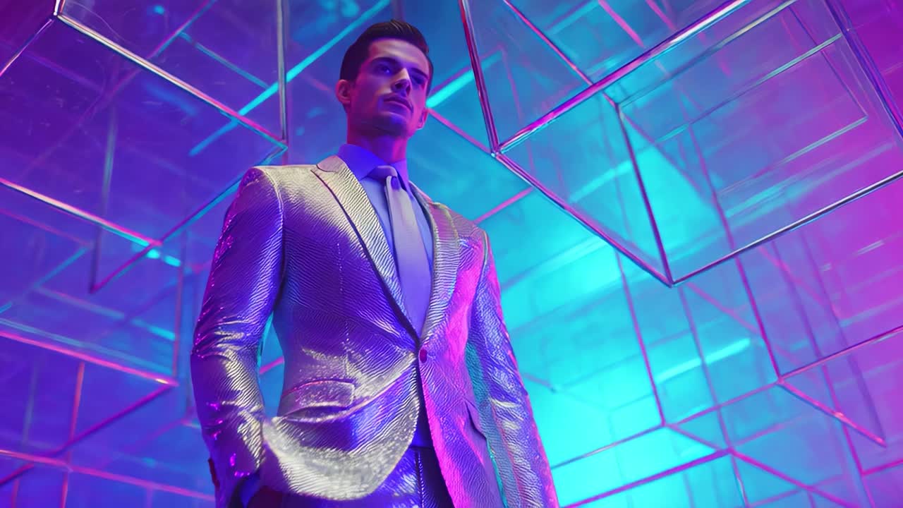 A Glamorous Male Model in a Futuristic Metallic Suit, Posing Elegantly Amidst a Vibrant Neon Background with Geometric Shapes, Capturing a Striking and Fashion-Forward Visual Aesthetic in High-Definition Clarity