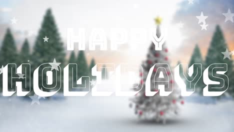 animation of stars falling over happy holiday text banner against christmas tree on winter landscape