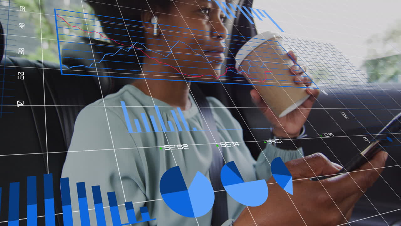 Animation of business data over african american woman using smartphone