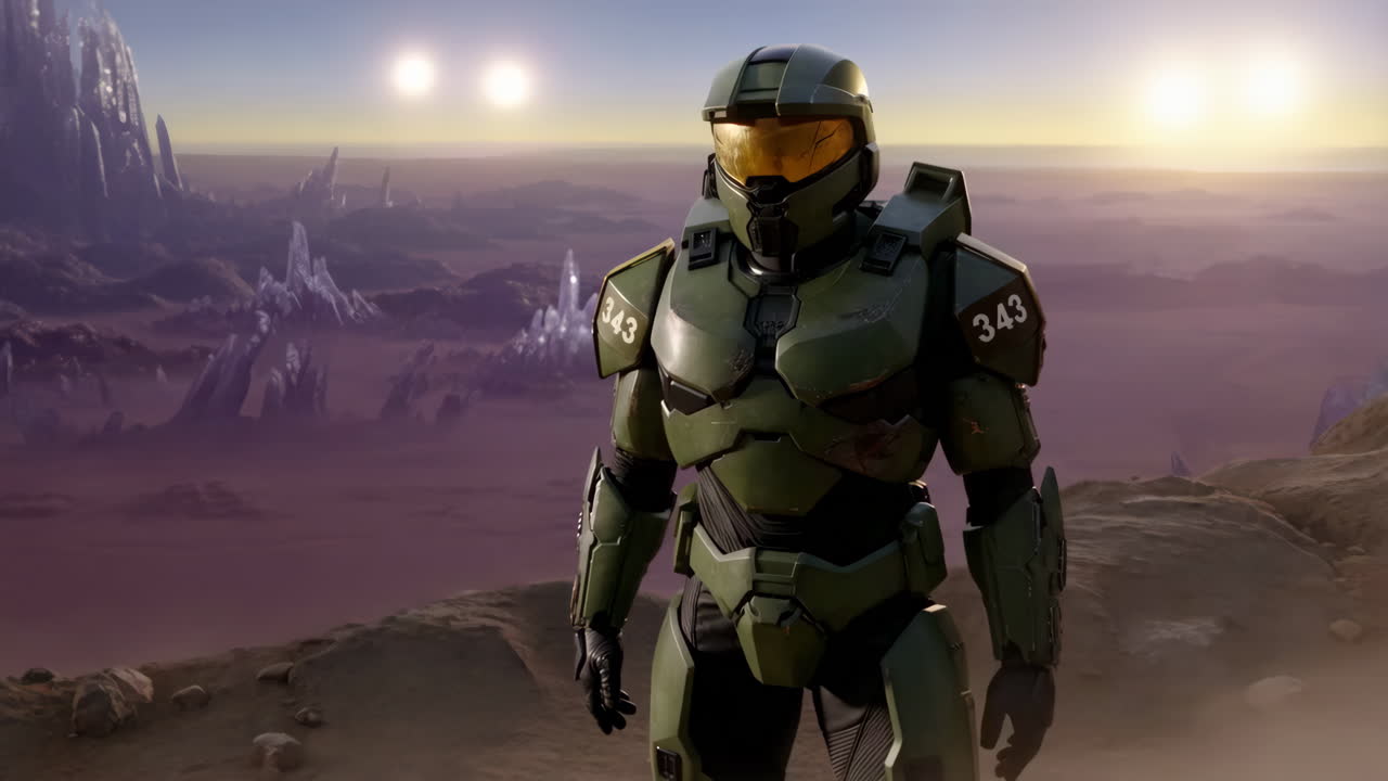 Master Chief on an Alien Planet with Crystal Structures