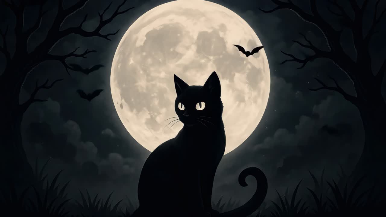 A black cat silhouetted against a full moon, with bats flying