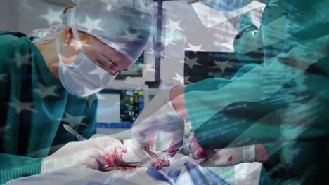 animation of flag of united states of america waving over surgeons in operating theatre