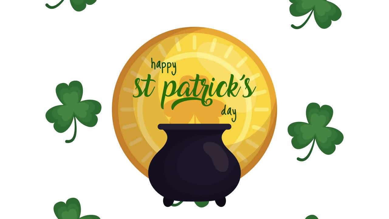 st patricks day animated card with treasure cauldron and clovers
