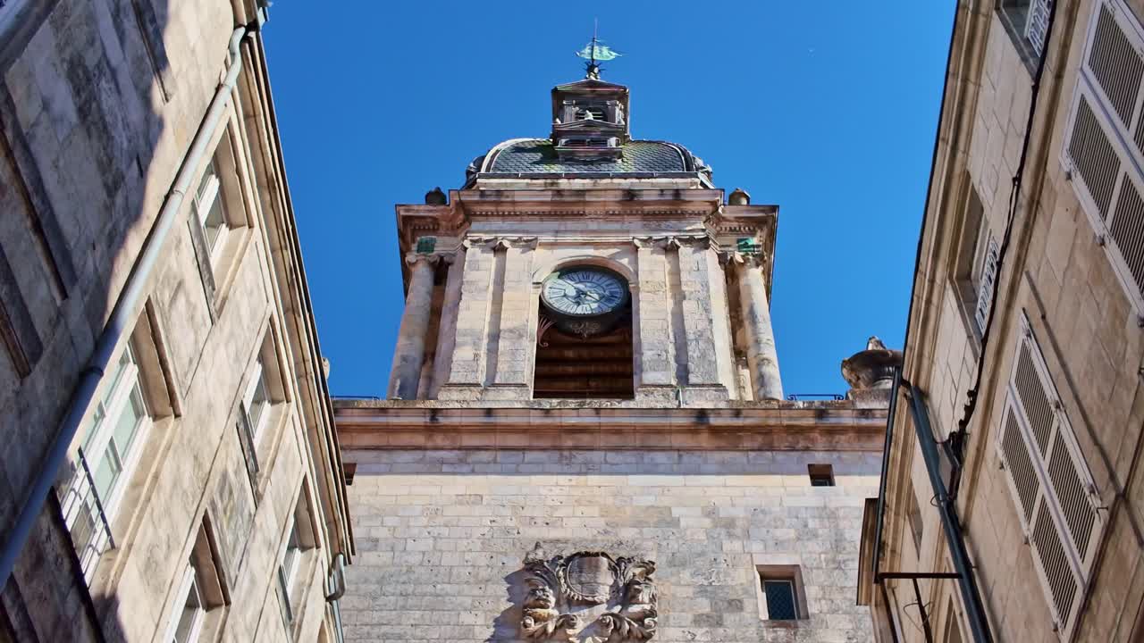Grosse Horloge clock tower, La Rochelle, France. Tilt-down