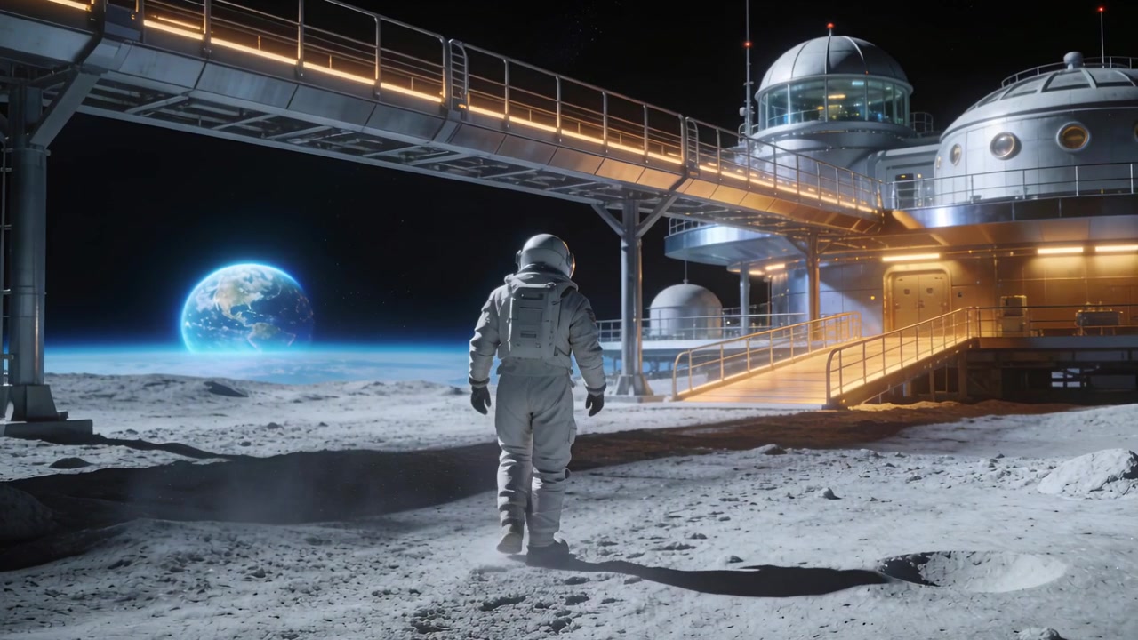 Astronauta in tuta EVA bianca con zaino cammina, tornando alla rampa dell'habitat guidato dalle luci, sollevando polvere.