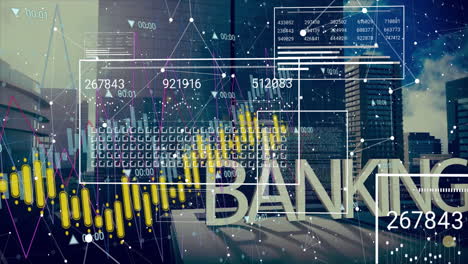 overlaying animation of financial data and graphs, urban cityscape with bank text