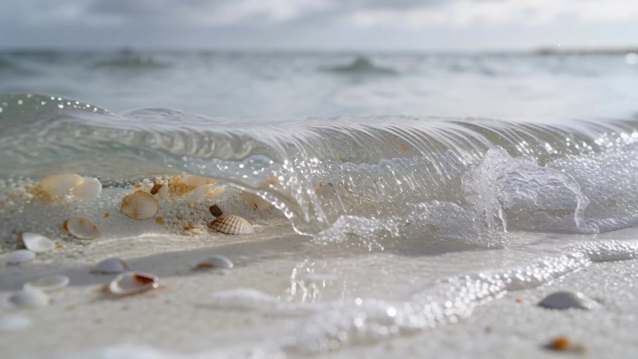 Advancing under incoming swell glassy wave curling, lifting and pushing shells on wet shoreline