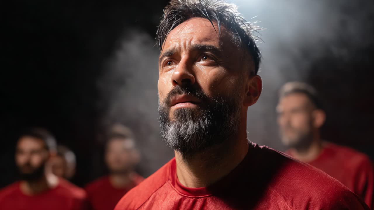 A Intense Moment of Focus and Determination Captured in the Spotlight, Showcasing a Player Surrounded by Teammates as They Prepare for a Game with Hope and Strength