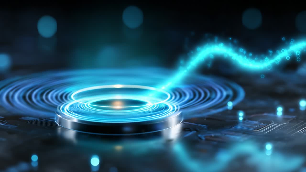 A mesmerizing digital visualization depicting the intricate interaction of light and energy waves emanating from a dynamic circular design, capturing the essence of motion and technology in a futuristic setting