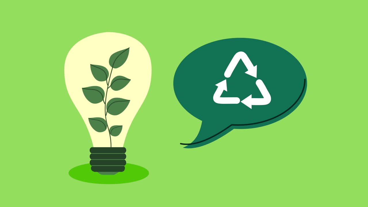animación ecológica con hojas en bulbo y burbuja de habla