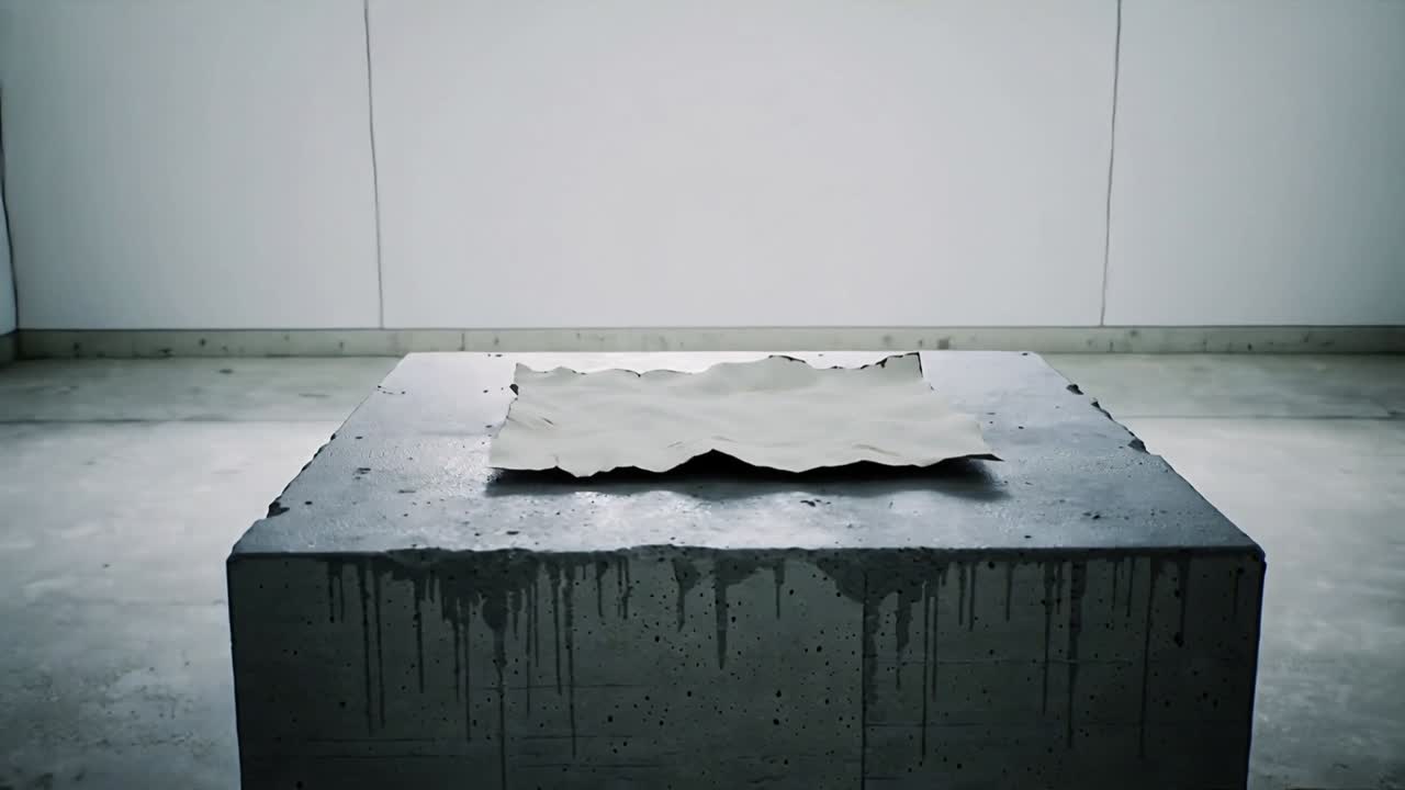 Pulling back camera revealing concrete plinth with thin wrinkled sheet in gallery showing drips