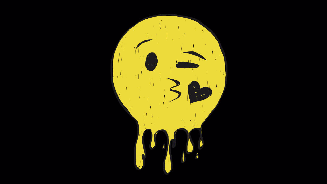 Håndtegnet smeltende gul emoji, der blinker og sender et kys