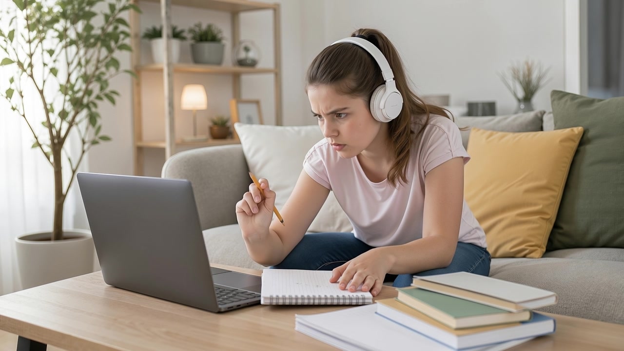 Joven con auriculares estudiando en un portátil y escribiendo en un cuaderno mientras está sentada en un sofá.