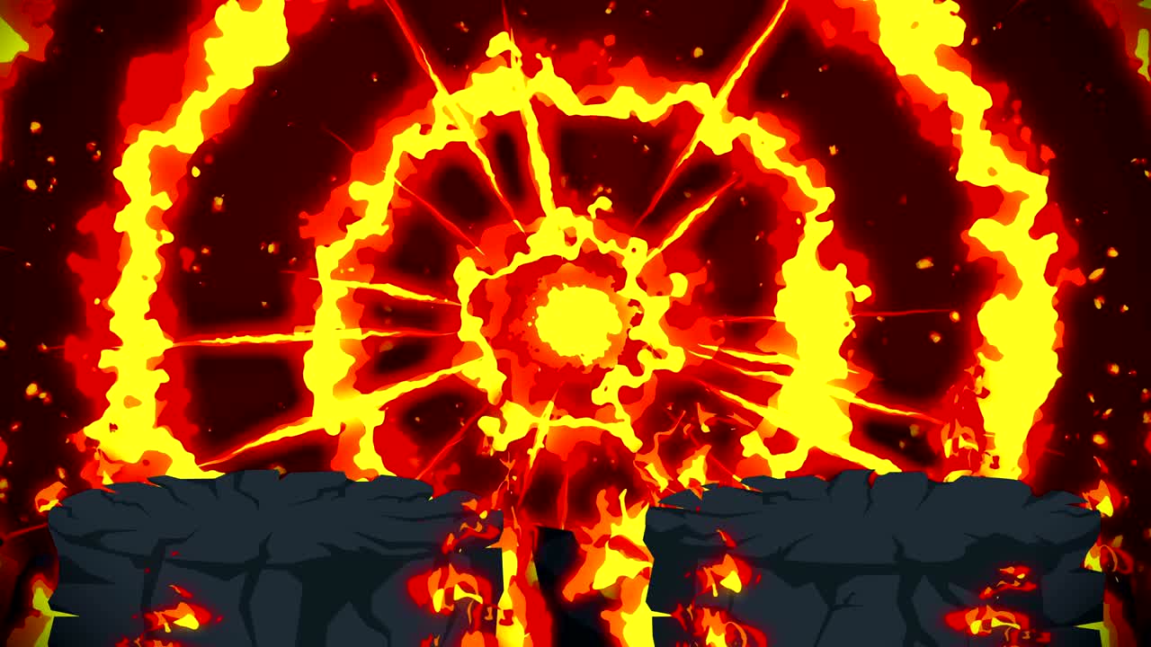 만화 불 애니메이션. 불꽃 루프 배경. 경쟁. 전투 게임.