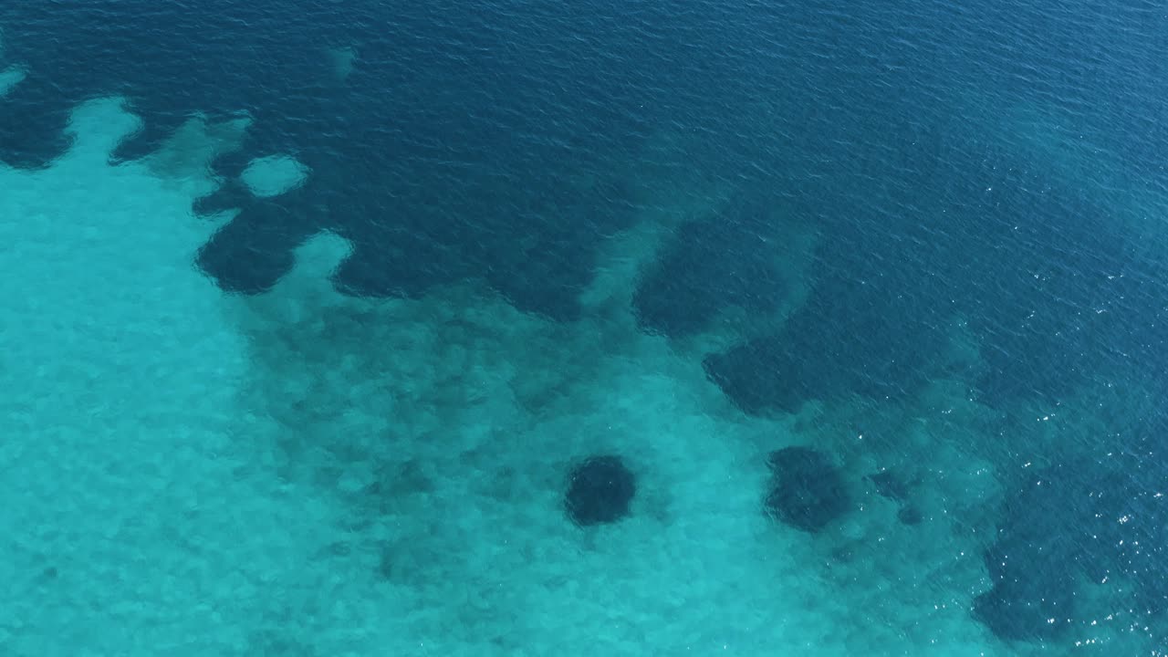 inclinación aérea hacia abajo del borde entre arena y pastos marinos en un mar azul claro