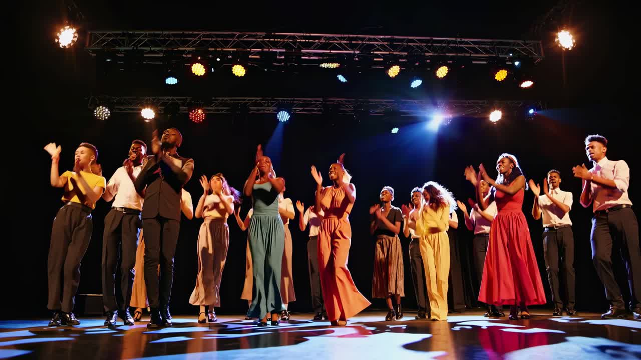 Wide-angle shot of a diverse group performing a choreographed dance on stage, with vibrant lighting