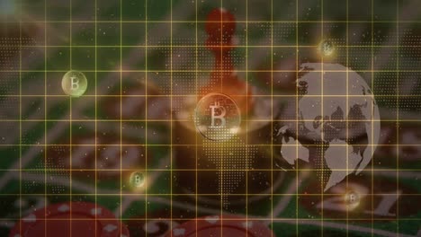 animación de bitcoins y el globo sobre el casino.