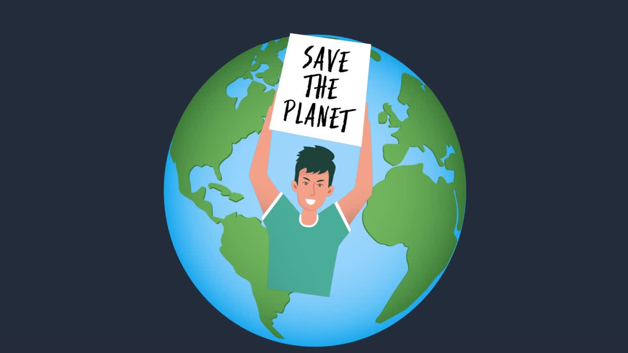 어두운 파란색 배경에 지구 위에 행성을 구하는 배너를 가진 소년의 애니메이션