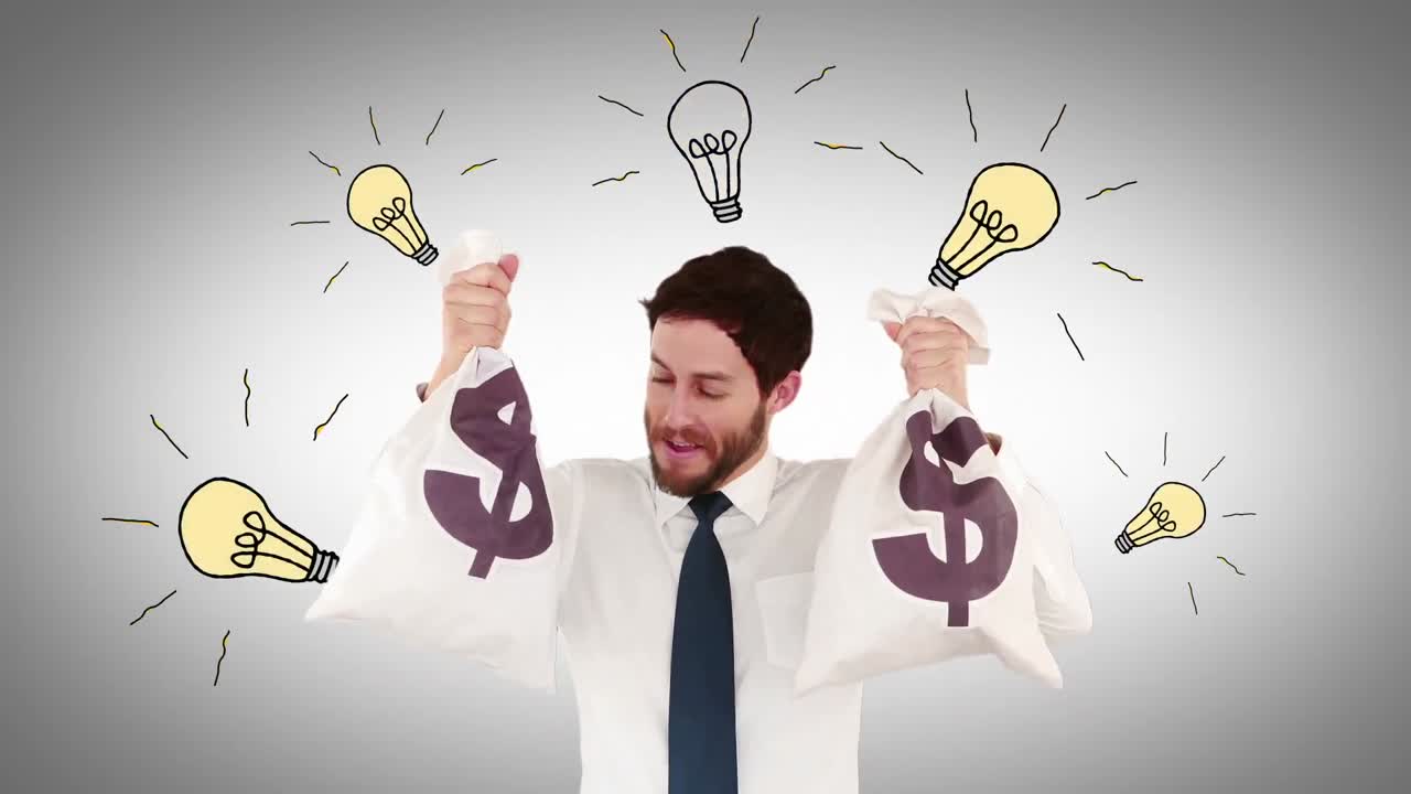 video compuesto de un hombre de negocios con bolsas de dinero