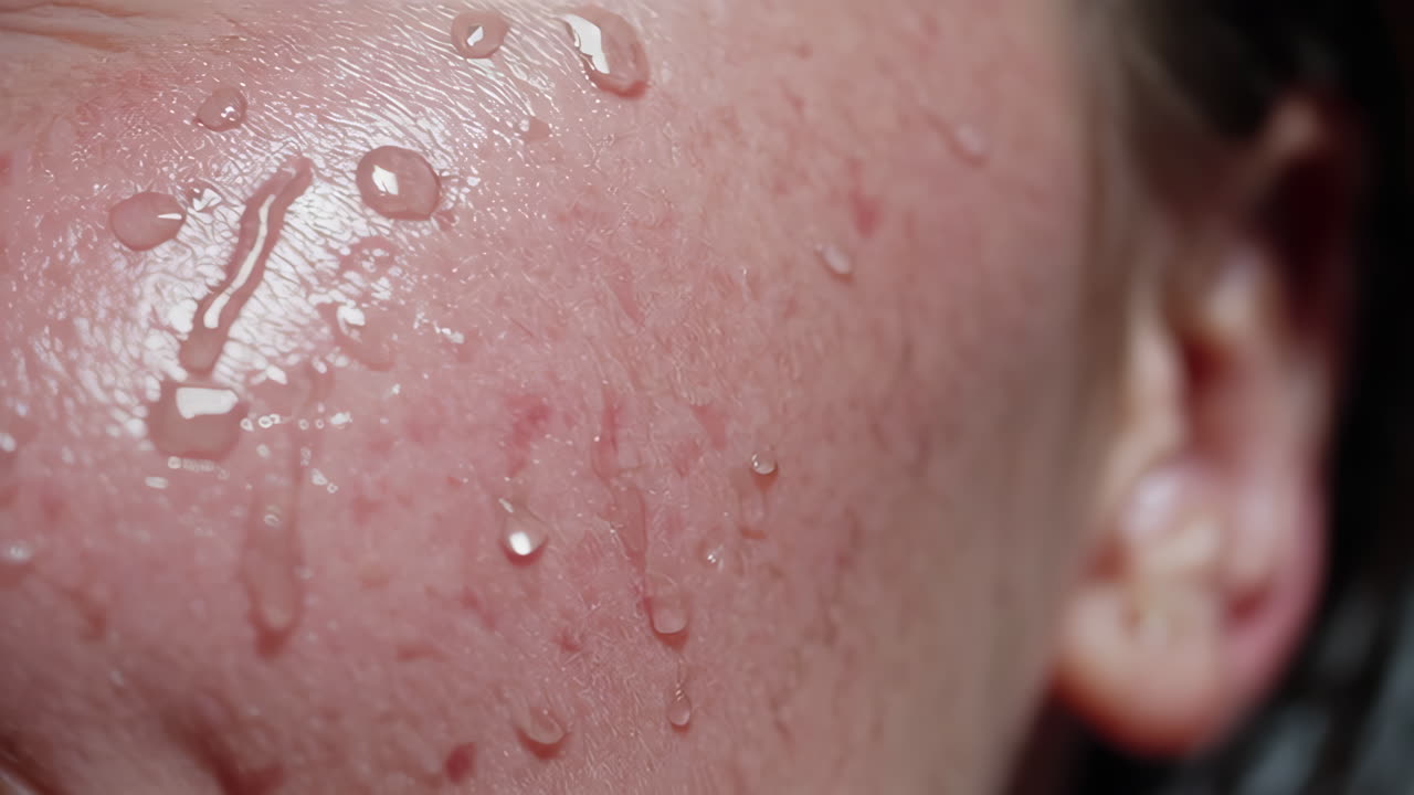 Close-up of a person's face with water droplets on the skin.