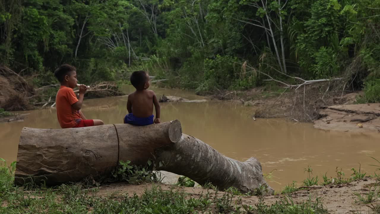 Two Brazilian village boys sit on a log at the river