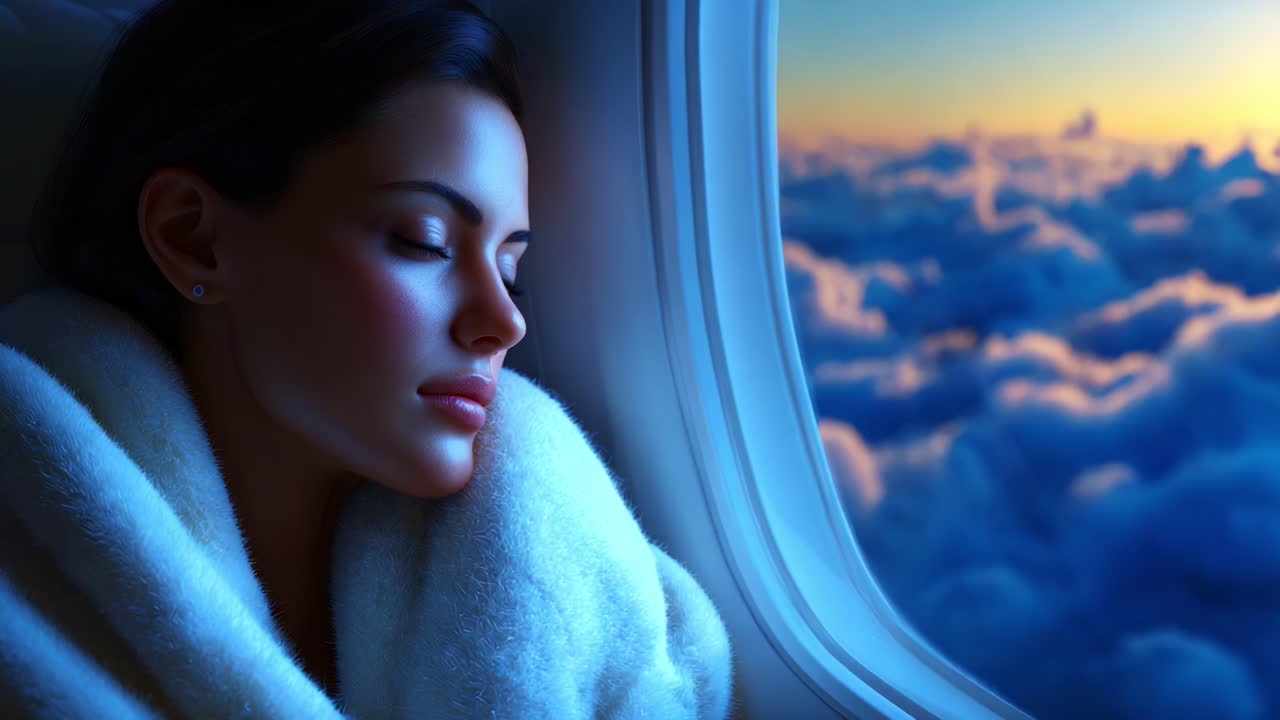 A Serene Moment Captured: A Young Woman Relaxing Peacefully Against the Window of an Airplane, Wrapped Comfortably in a Cozy Blanket, While Gazing at the Mesmerizing Clouds During Twilight's Glow