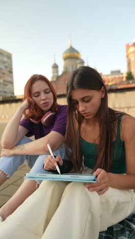 two women collaborating on digital art project outdoors