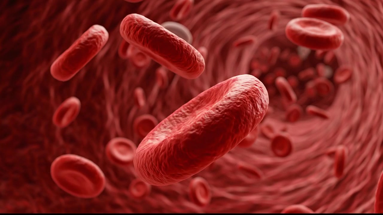 Microscopic View of Red Blood Cells Circulating Through an Artery Tunnel
