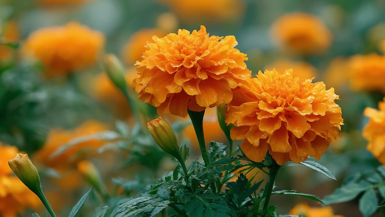 Fioriture vivaci: Uno spettacolo colorato di radiosi fiori di calendula in un lussureggiante giardino, che mostra la bellezza della natura e la ricchezza della flora.