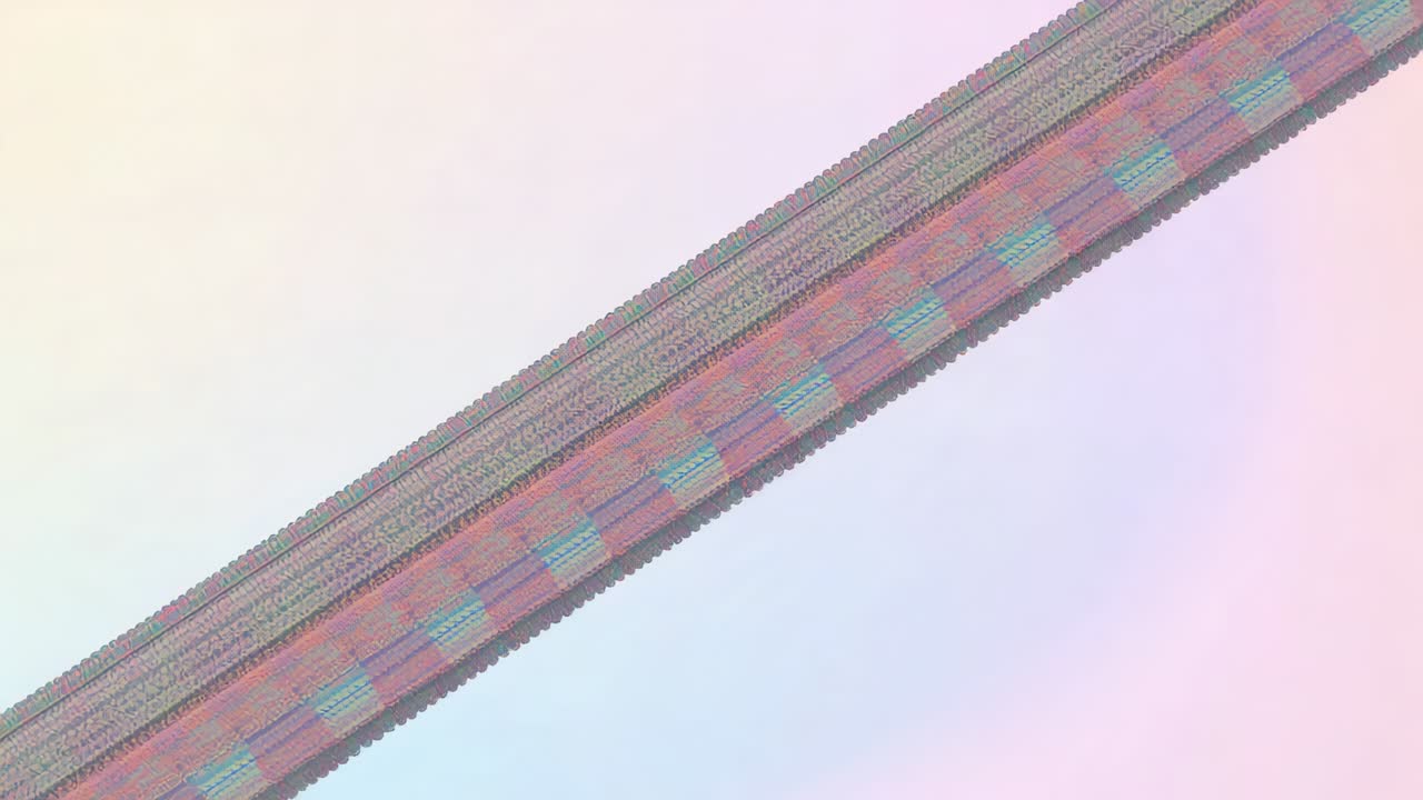 On play, patterned band moving down and leveling flat on pastel backdrop, turquoise tiles