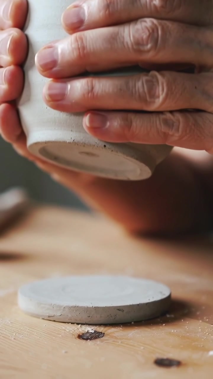 Vertical video: Lifting cup, hands tilting to check bottom above coaster on wood table