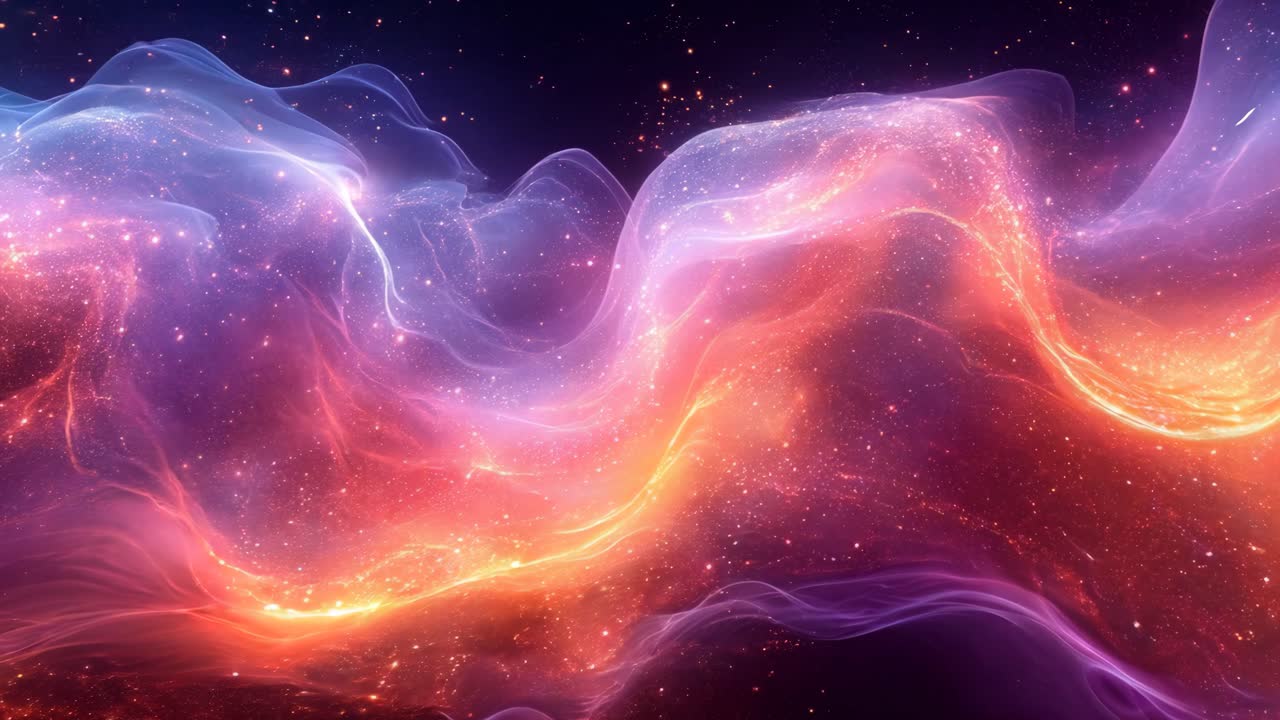 A colorful, swirling galaxy of purple, orange, and blue. The colors are vibrant and the image is full of energy