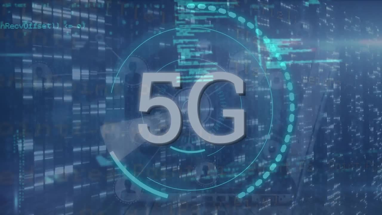animazione dell'elaborazione dei dati su testo 5g e scansione di portata.