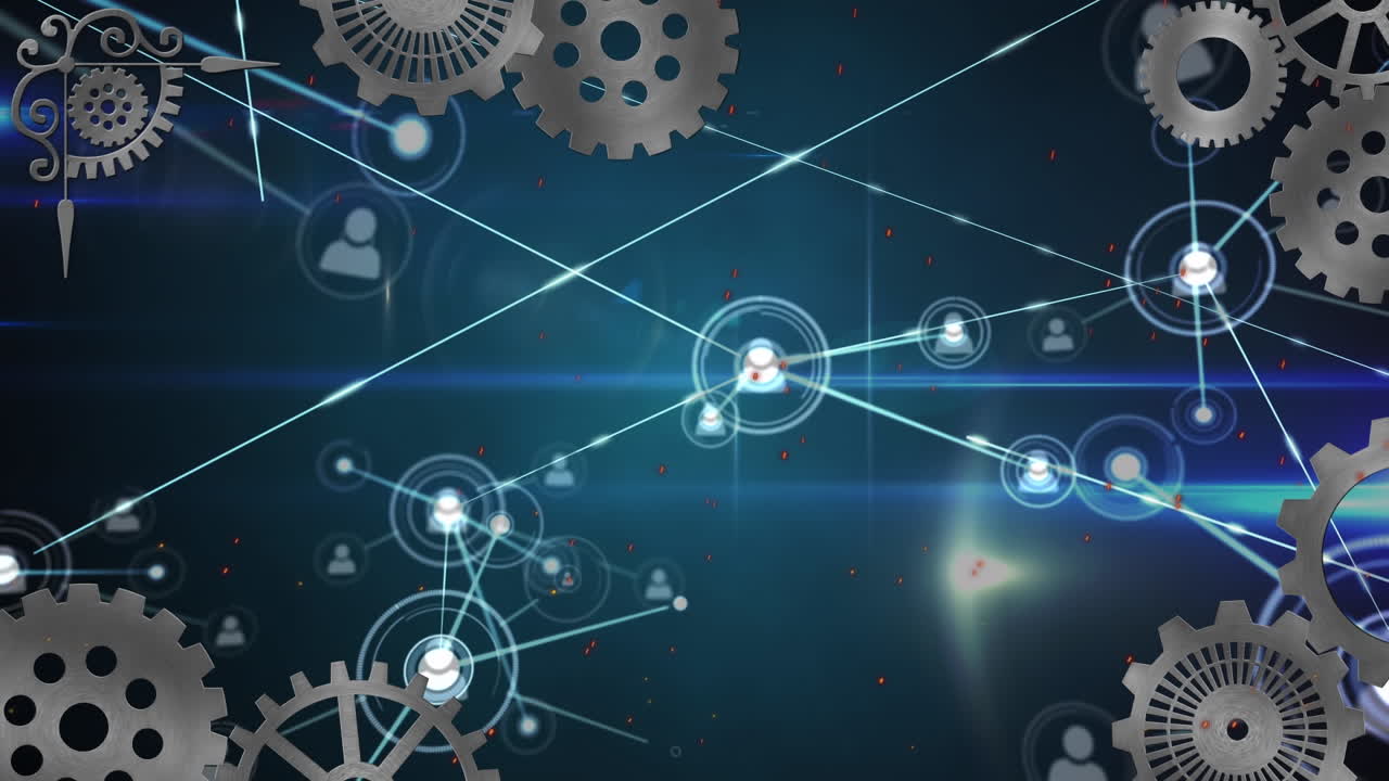 Animation of network of connections with people icons and cogs over blue background