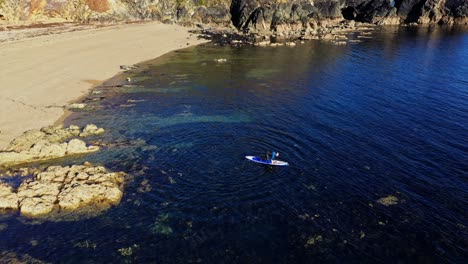 vista aérea de surf de remo en aguas claras desde una playa a lo largo de la costa rocosa del sur de irlanda