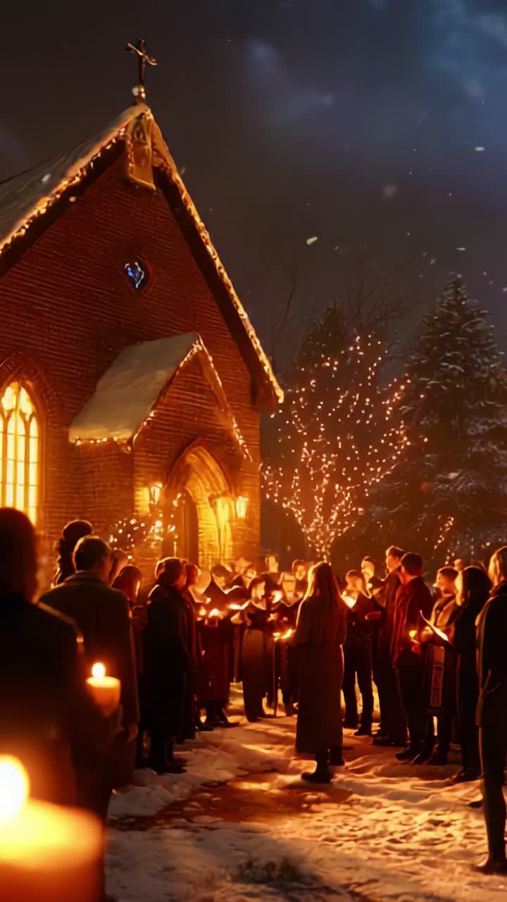 Una serena cerimonia a lume di candela fuori da un'accogliente chiesa in una notte invernale, piena di spirito di comunità, luci scintillanti e un senso condiviso di unione, per celebrare la gioia della stagione