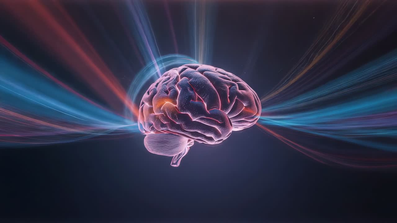 Opening on semi-transparent 3D brain model rotating in void, pulsating blue-red light swirling halo