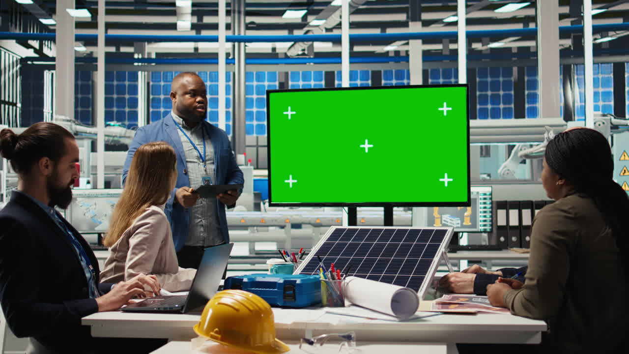 Managers In Office Reviewing Solar Technology Reports On Green Screen Monitor