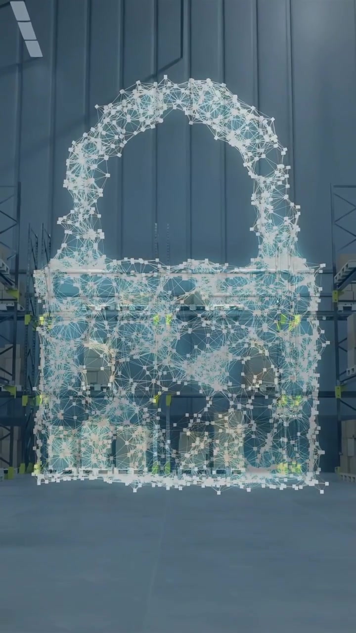 Video verticale: Nuvola di particelle che sale dal pavimento, formando una serratura e poi trasformandosi in uno scudo, per mettere in sicurezza i beni.