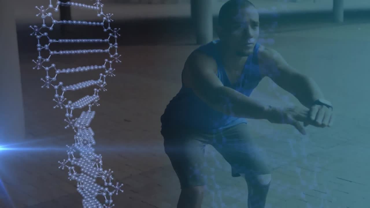 animation d'un brin d'adn tournant sur un athlète masculin avec une jambe prothétique faisant de l'exercice à l'extérieur