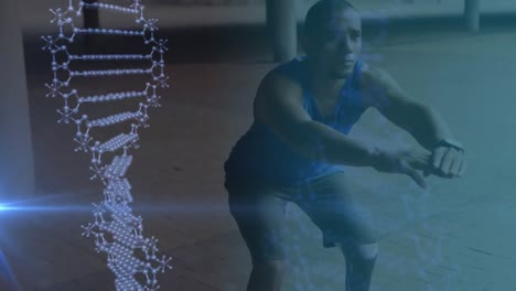 animación de una cadena de adn que gira sobre un atleta masculino con una pierna protésica haciendo ejercicio al aire libre
