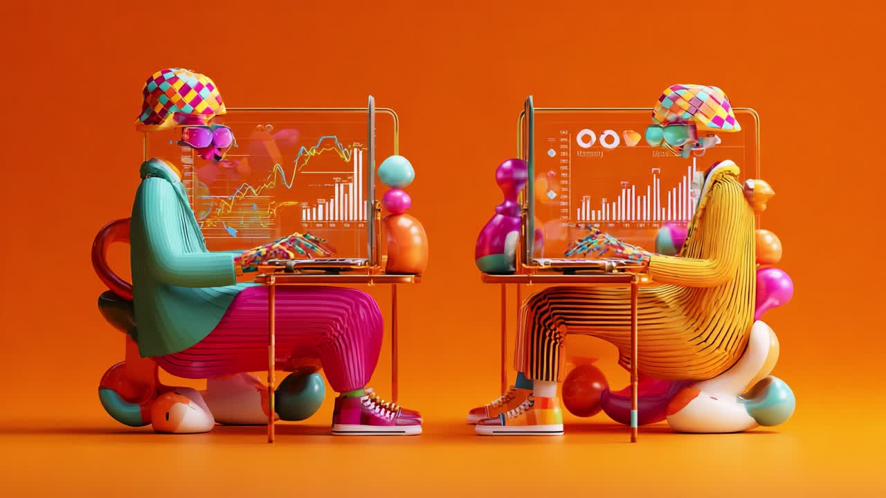 Vibrant Tech Interaction: Two Colorful Characters Engaged in Data Analysis Against a Striking Orange Background, Showcasing Modern Digital Culture and Connectivity