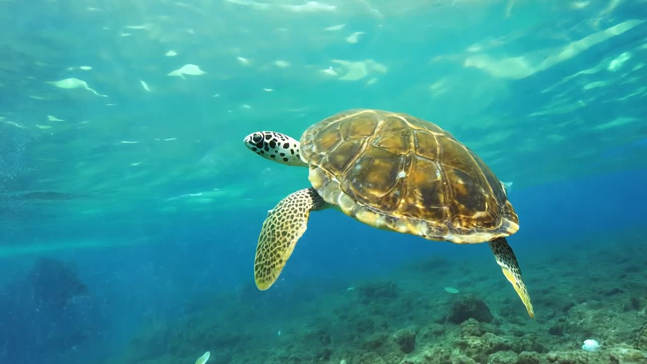 Sea turtle gracefully glides over vibrant coral reef, surrounded by clear blue water and small fish. Captures the beauty of marine life
