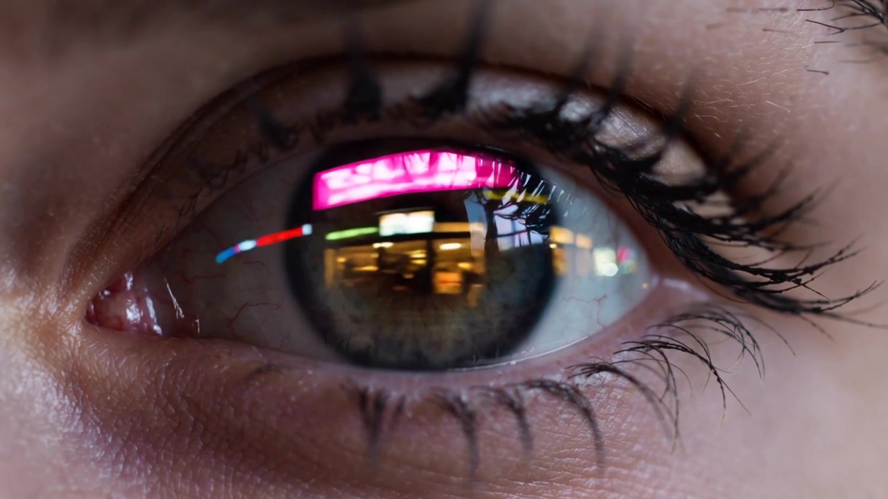 Gazing right eye tracking shifting neon lights across urban street, watching storefront activity