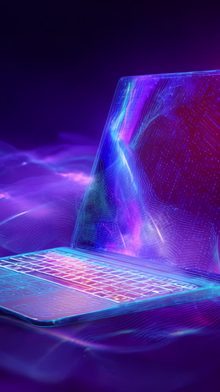 Un vivace laptop futuristico si illumina con luci neon colorate su uno sfondo astratto, mostrando una fusione di tecnologia e arte in uno schermo luminoso