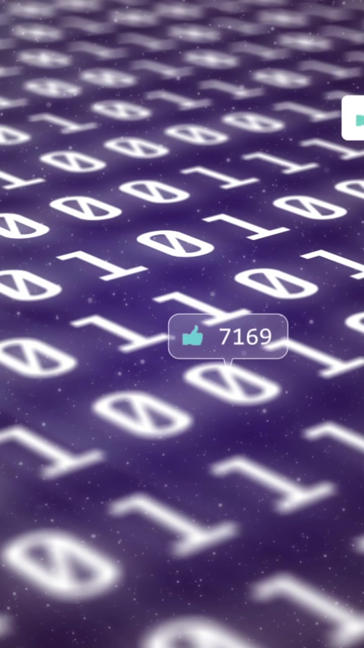 Animation of social media icons on banners over binary coding