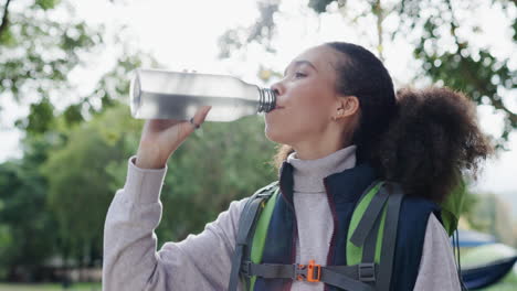 hiking, freedom and woman drinking water